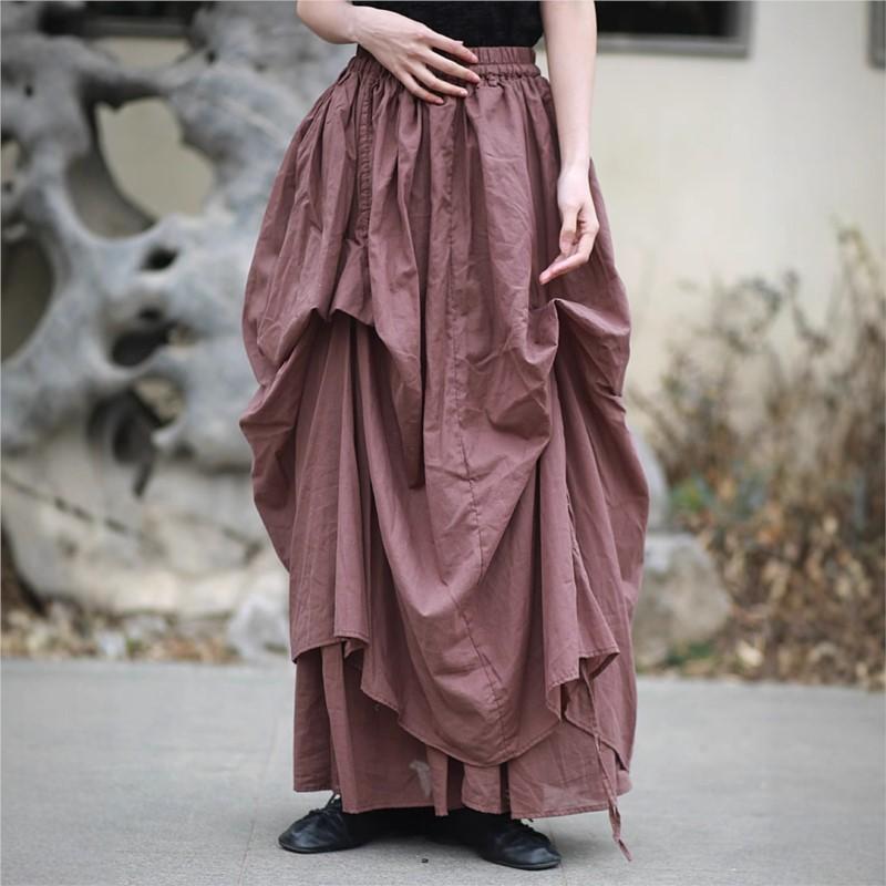 Johnature Women Vintage Irregular Skirts Elastic Waist Solid Color Summer Fold Female Skirts