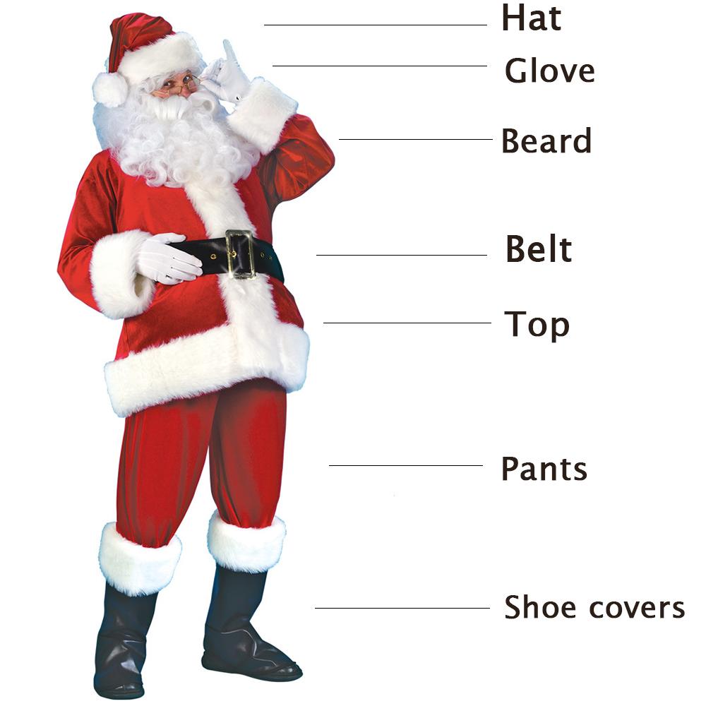 7 шт./компл. роскошный рождественский мужской костюм Санта-Клауса, комплект для взрослых, костюм Санта-Клауса