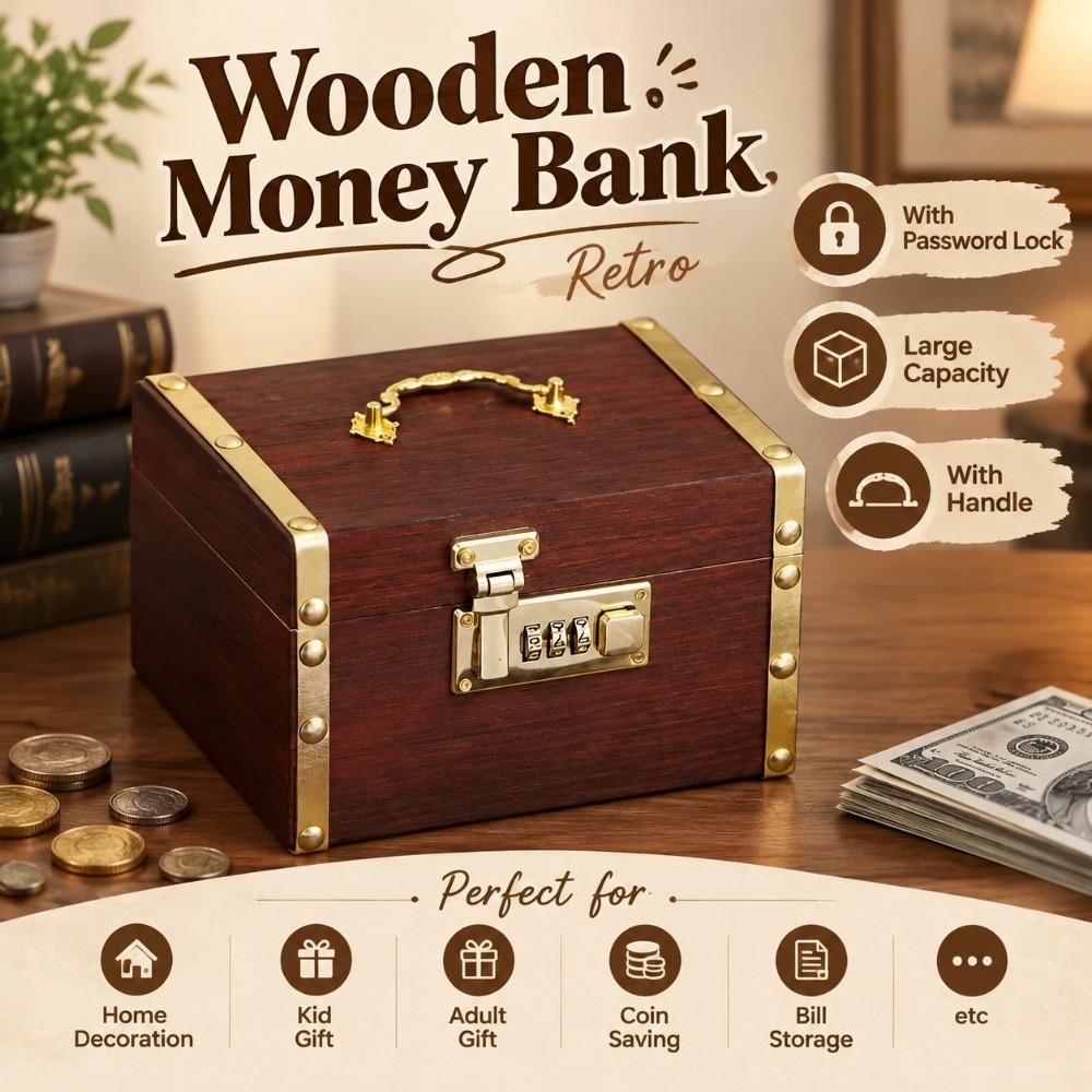 With Password Lock Wooden Money Bank Retro Treasure Storage Box Piggy Bank Bill Storage