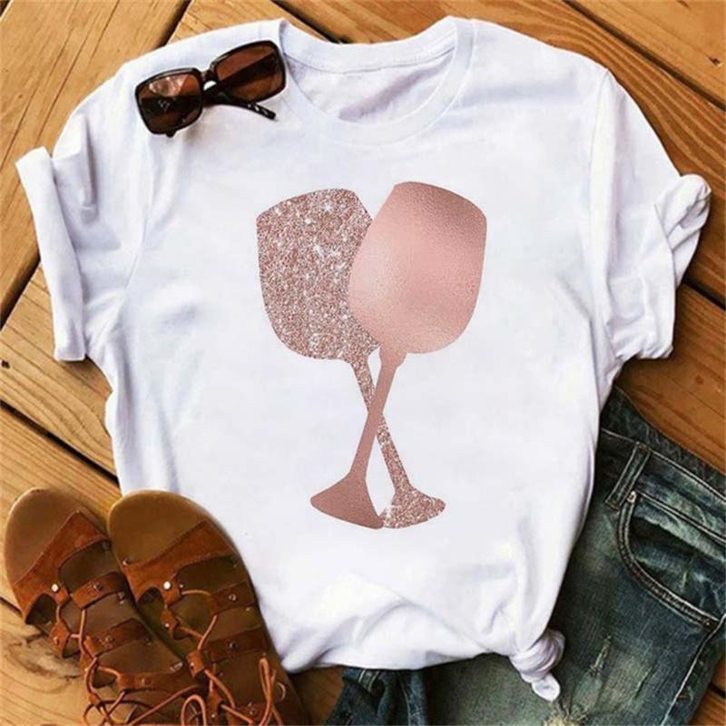 Wine Glass Printed T-Shirts For Women Clothing Casual Top Ladies Clothes Short Sleeve Versatile Graphic Printed Fashion Shirts