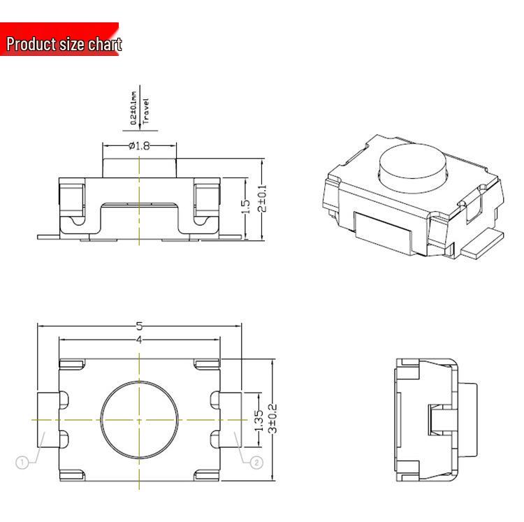 Тактильная кнопка-переключатель SMD с двумя выводами 3x4x2,0 мм