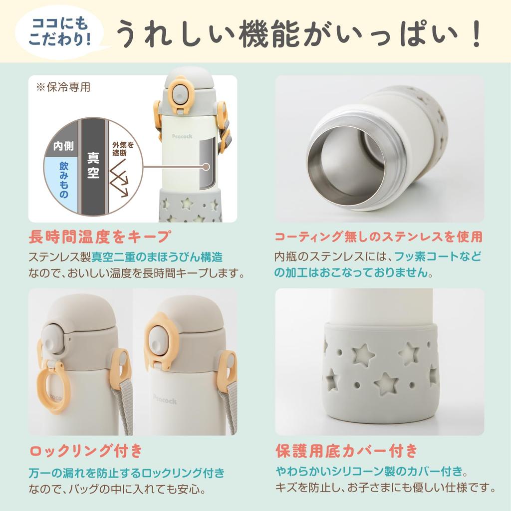 Бутылка для воды Peacock для младенцев 400 мл с соломинкой для холодной воды и одним нажатием на соломинку Кружка для младенцев Star Grey HS The-peacock [С ремнем/можно мыть в посудомоечной машине] APC-R40