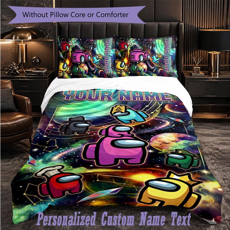Personalized 3Pcs Bedding SetAmong Us Custom Text Duvet Cover Pillowcase Set Bedroom Gift
