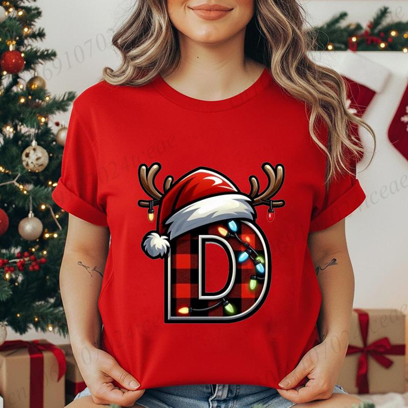 Christmas Alphabet Printed TShirt for Unisex Unisex Fashion Trendy Funny Casual Tops Santa Hat Reindeer Graphic Tshirt T Shirt