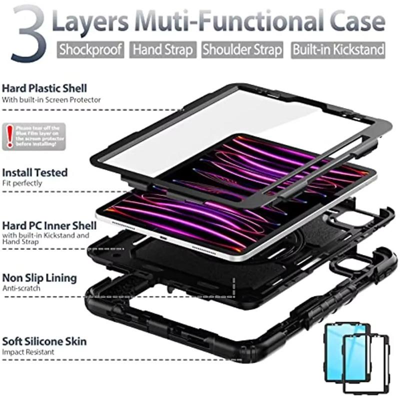 Kickstand Shockproof Case For iPad Pro 11 12.9 13 Cover iPad Air 4 5 10.9 10th 11th A16 +Screen Protector+Shoulder Belt