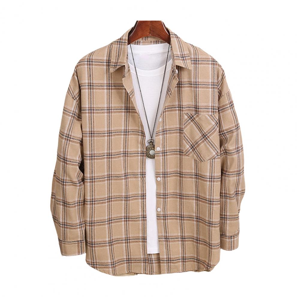 Мужская весенне-осенняя блузка с отложным воротником, однобортная, в клетку, с длинным рукавом, удобный крой, японский стиль, кардиган, официальный, деловой