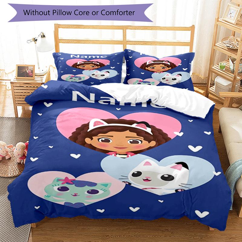 3pcs Custom Name Gabby's Dollhouse Bedding Set Duvet Cover Closure Includes 1 Duvet Cover & 2 Pillowcases, Soft and Comfortable for All Seasons.
