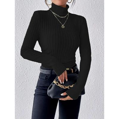 Осенне-зимняя сексуальная текстура Pit Stripe Slim Knit Long Sleeve Женская футболка Новые женские топы с высоким воротом Повседневные женские топы
