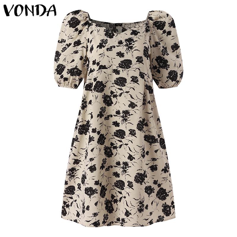 VONDA Мини-платье с цветочным принтом, короткими рукавами-буфами и квадратным вырезом