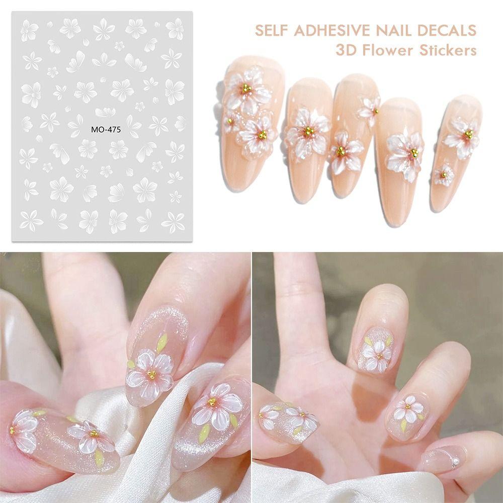 Embossed Design 3D Flower Stickers Elegant Style White Flower Self Adhesive Nail Decals Adhesive Accessories Simple Floral