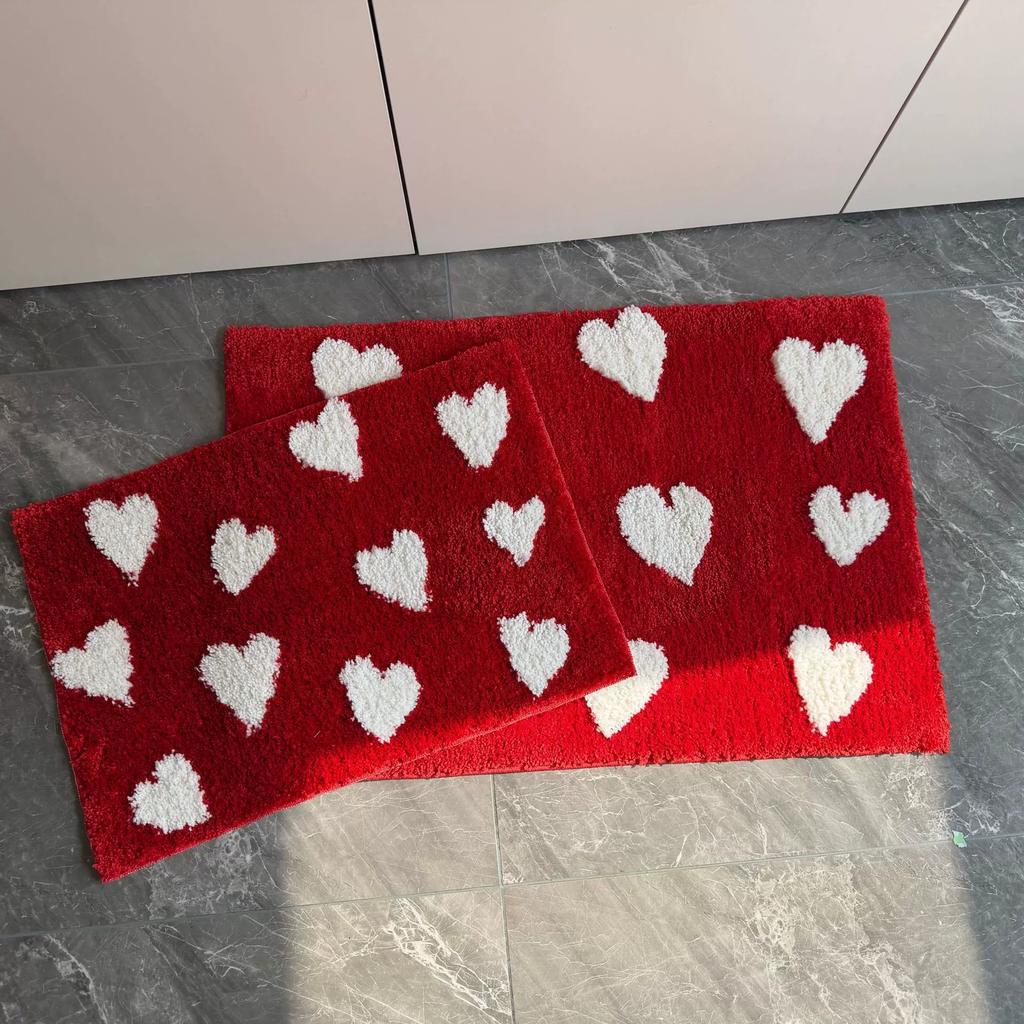 Red Tufting Heart Bathroom Mat Soft Bathmat Tub Side Carpet Area Rug Floor Absorbent Anti Slip Pad Doormat Home Decor