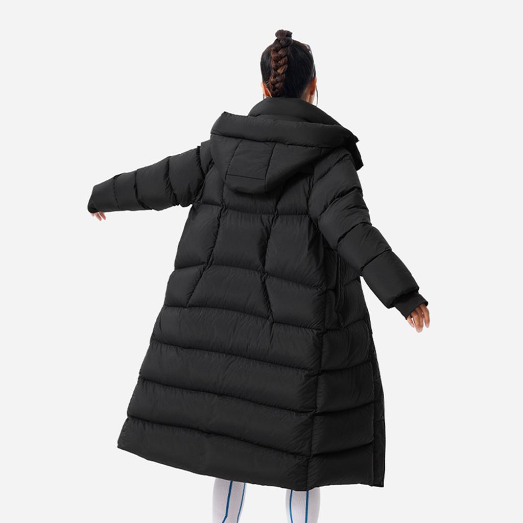 Li Ning Comfortable Casual Simple Hooded Zipper Loose Cold-Resistant Warm Outdoor Long Down Jacket Women Outerwear Black AYMU090-2