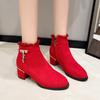 Autumn and Winter Red Frosted Soft Leather Women's Short Boots Round Head Thick Heel Martin Boots Velvet Warm Middle Heel Women's Boots
