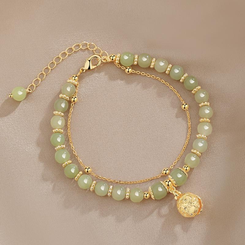 High-End Natural Hetian Jade Wind Chime Bracelet for Women - Lucky Bead Palace Bell Design