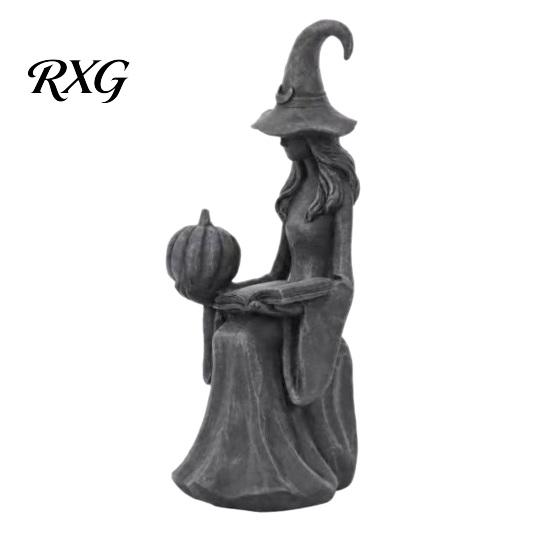 Witch Themed Gifts Halloween Statue, Gothic Figurine with Pumpkin And Book, Matte Black Fall Holiday Decorations Sculpture, Mantel Shelf Desk