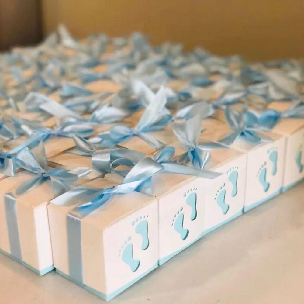 10pcs Ribbon Footprints Candy Box Cute Gift Packaging Box Baby Shower Favor Boxes Baby Shower