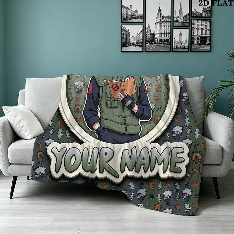 Custom Name,Kakashi Hatake Printed Flannel Blanket, soft throw for bedroom sofa, washable, Christmas present, great gift.