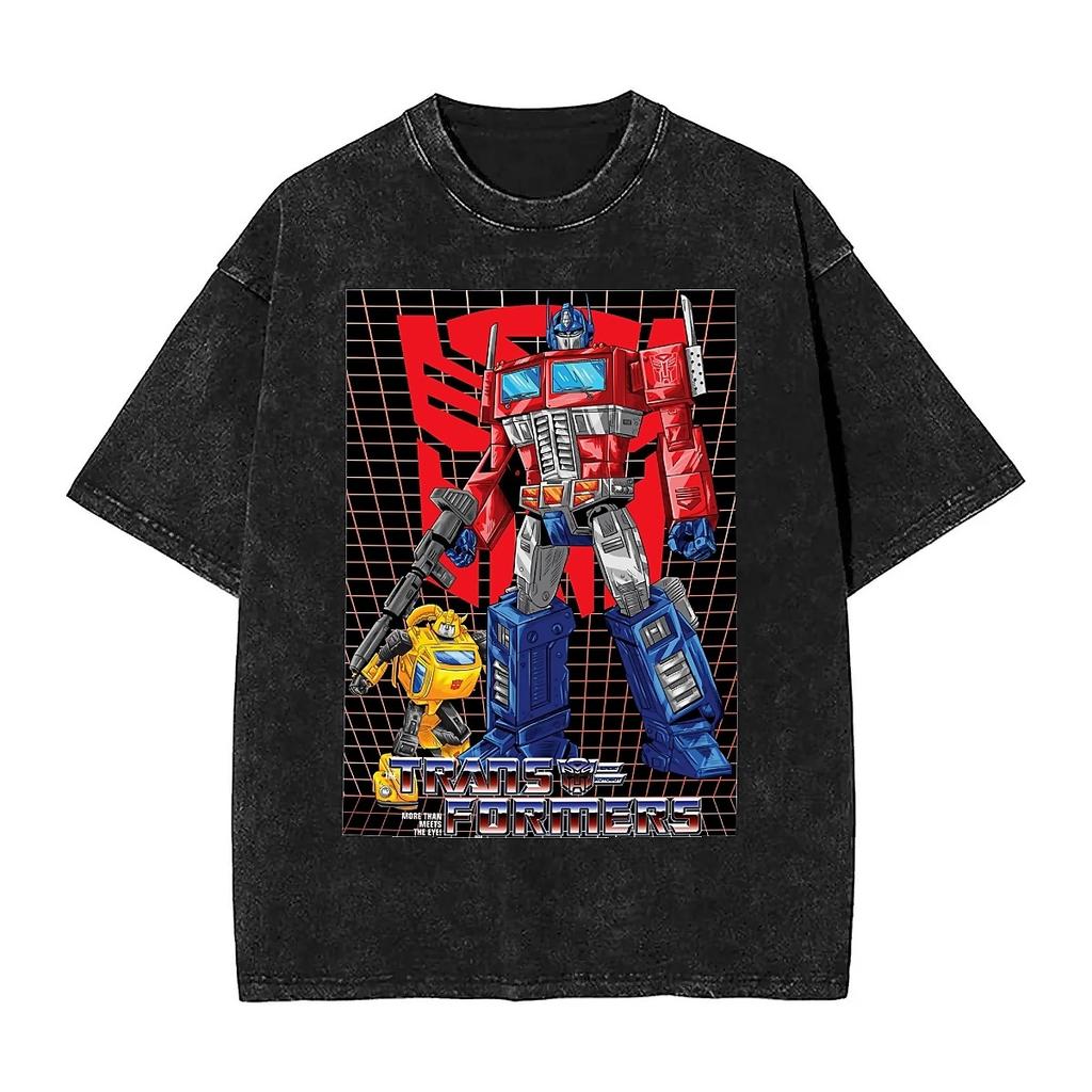 Vintage Washed T Shirt Transformersed Autobots Loose T Shirts Japanese Manga Fashion Tee Shirt for Men Beach Print Top Tees
