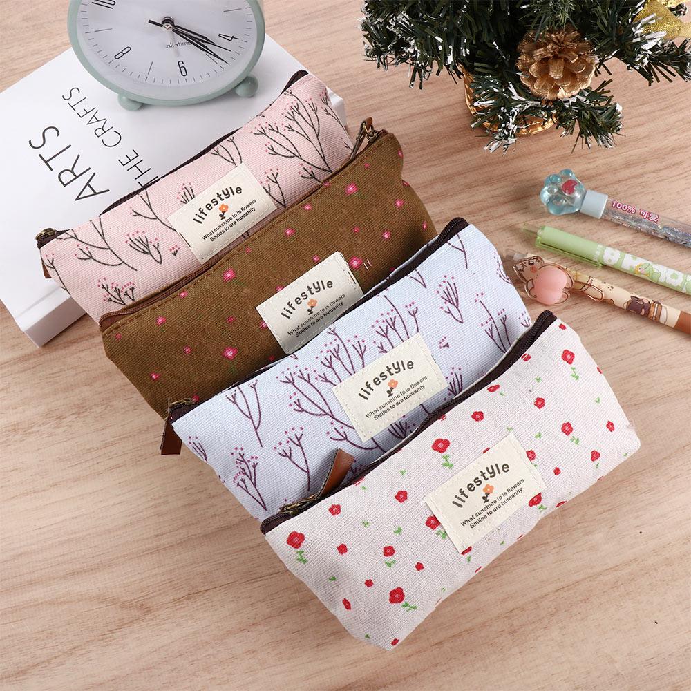 Kawaii Lovely Makeup Bag Fabric Floral Flower for Girl Pencil Bag Pencil Case Pen Bags Zipper Pouch