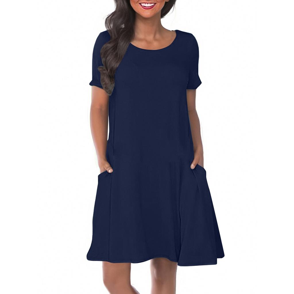 Women's Solid Color Round Neck Solid Color Casual Pocket Short Sleeve Swing Dress