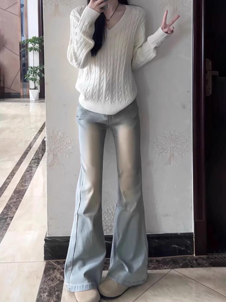 Гонконгские ретро джинсы скинни с высокой талией и клешем - Женские весенние эластичные джинсы с прямыми штанинами