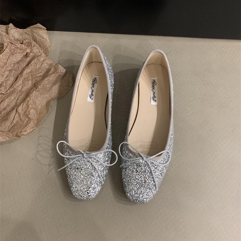 Spring flash temperament flat shoes lady bow shallow mouth ballet shoes