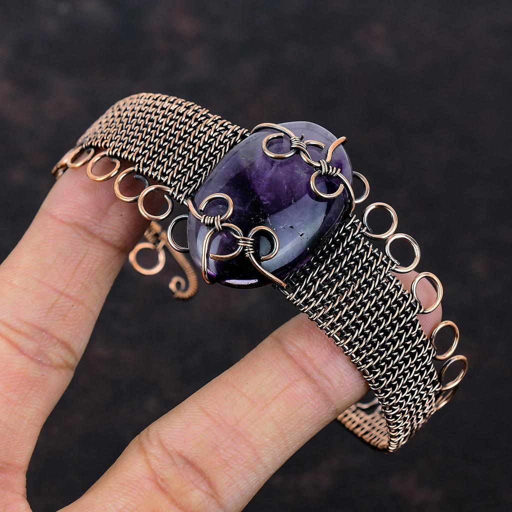 Браслет-манжета со звездным аметистом, браслет из медной проволоки, регулируемый браслет-манжета, драгоценный камень, медные украшения, антикварный браслет ручной работы, подарок для нее
