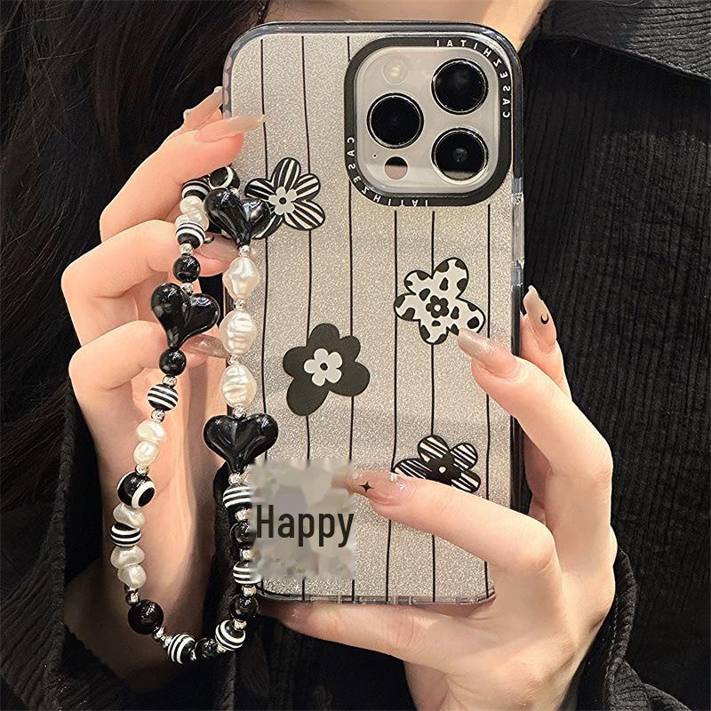 Чехол Zhitai для iPhone 16 Pro — черный круглый корпус с блестками Apple, совместим с iPhone 11, 14 Pro, 15 — браслет в японском и корейском стиле.