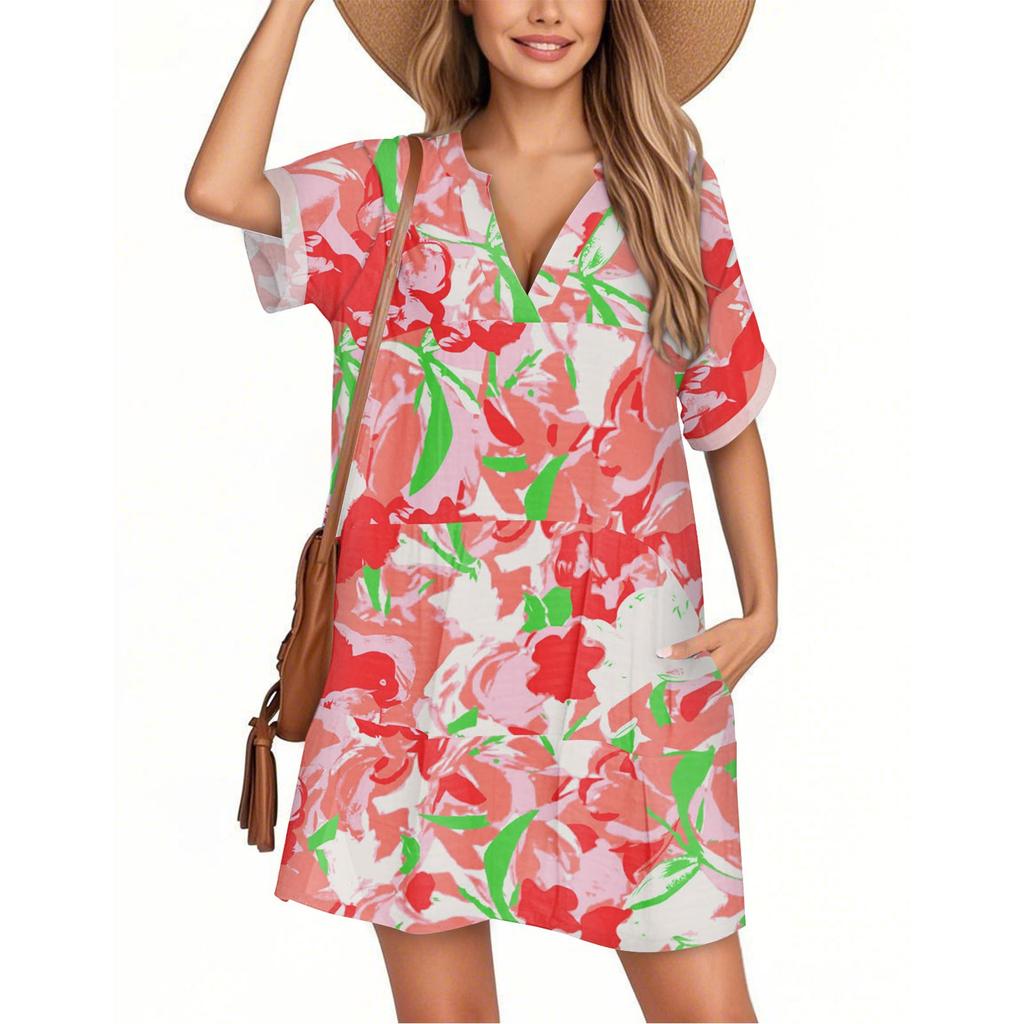 Women's Fashion Smock Hawaiian Floral Casual Short Sleeve V-neck T-shirt Dress Holiday Beach Dress