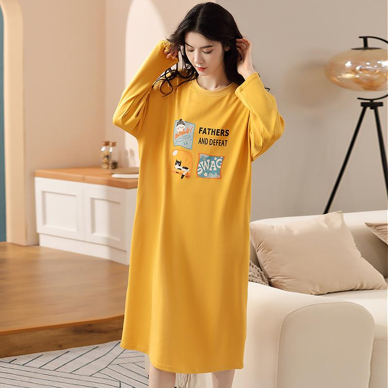 Хлопковое платье с принтом, женская пижама, корейская осенняя ночная рубашка миди с круглым вырезом и длинными рукавами, домашняя одежда, повседневная шикарная одежда