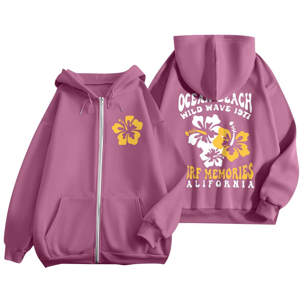 Women's Zip Up Hoodies Teen Girls  Flowers Printed Sweatshirt Clothing Casual Drawstring Jacket With Pockets