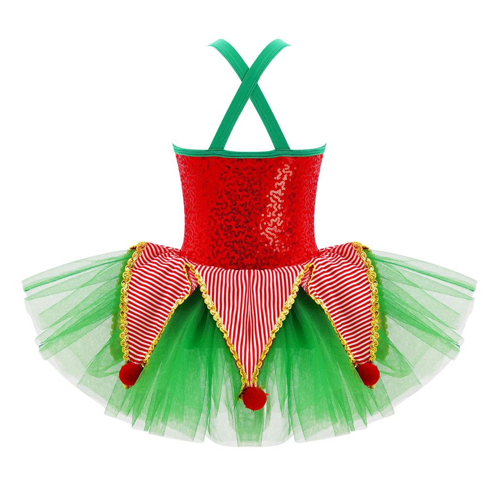 Платье для танцев для девочек, без рукавов, с перекрестной спинкой, застежка на пуговицах спереди, пайетки, декор плюшевыми помпонами, сетчатая юбка-пачка с оборками, костюм