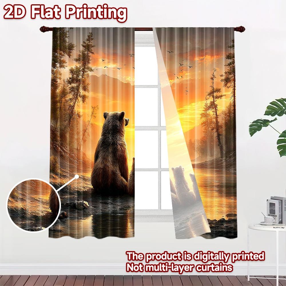 2D flat printing 2pcs Window Drapes Bear Family Sunset Scenery Digital Printed Polyester Drapes Holiday Decorations for Outdoor