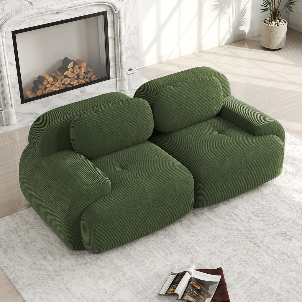 Loveseat Sofa Corduroy, Frameless, Combinable with Curved Armrests and Non-Slip Underside, High-Elastic Padding for Living Room, Bedroom, Green