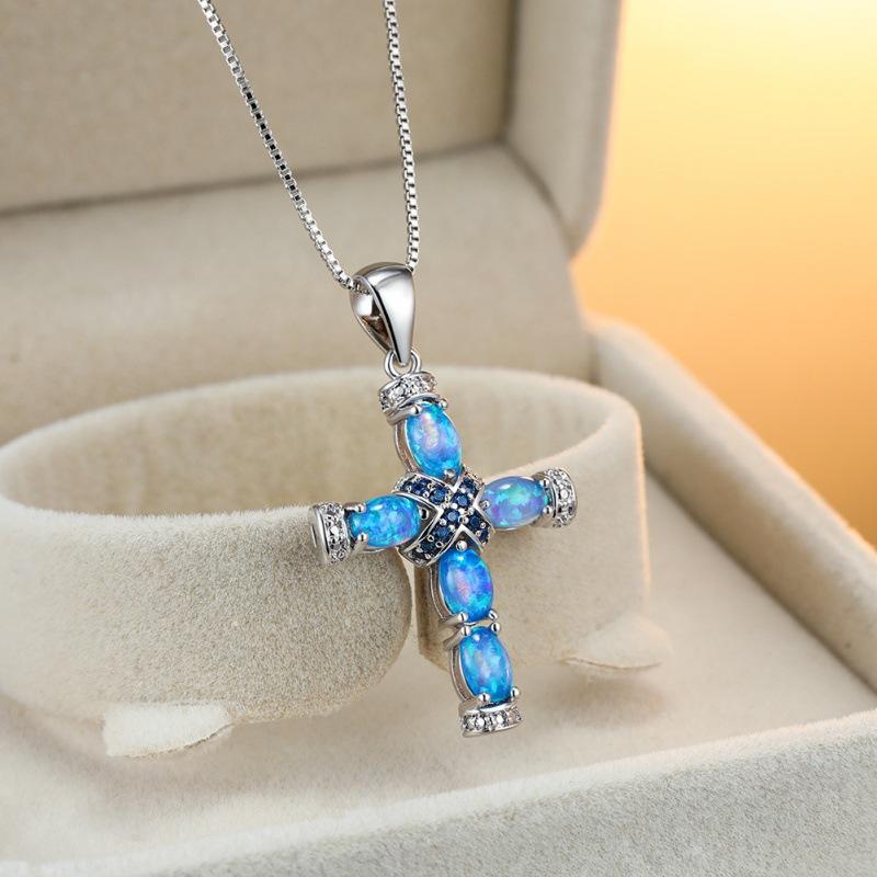 Wind pendant platinum cross cross strap diamond opal necklace exquisite ins wind