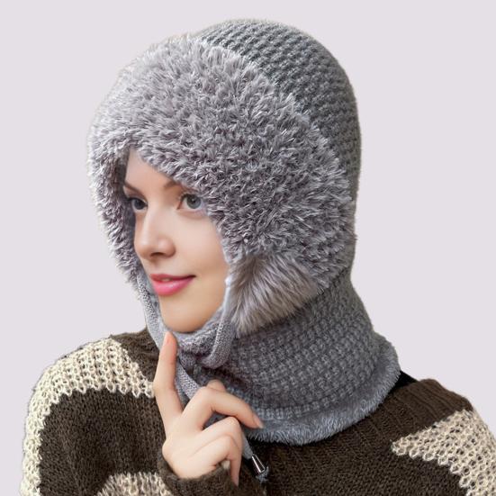 Вязаный головной убор однотонный 3-в-1 женская вязаная шапка шарф защита лица ветрозащитный для катания на лыжах походов на флисовой подкладке зимняя повязка на голову