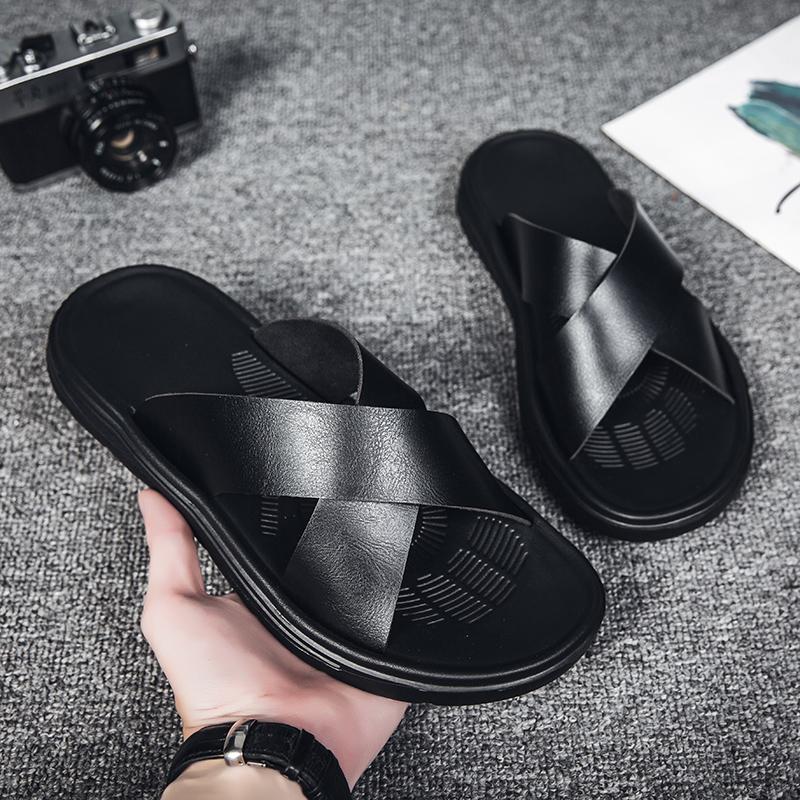 Men's Leather Sandals 2024 Summer Quality Beach Slippers Casual Shoes Flat Bottomed Outdoor Beach Shoes Large Size 45