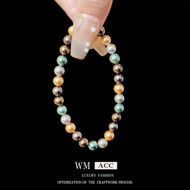 Elegant Stretch Bracelet With Colorful Imitation Pearl Beads 8mm Geometric Design Minimalist Vintage Style Women