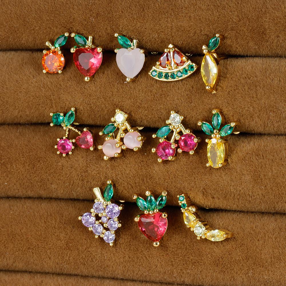 12 Styles Crystal Zircon Mini Fruit Stud Earrings For Women Stainless Steel Trend Ear Cartilage Piercing Korean Jewelry 1PC