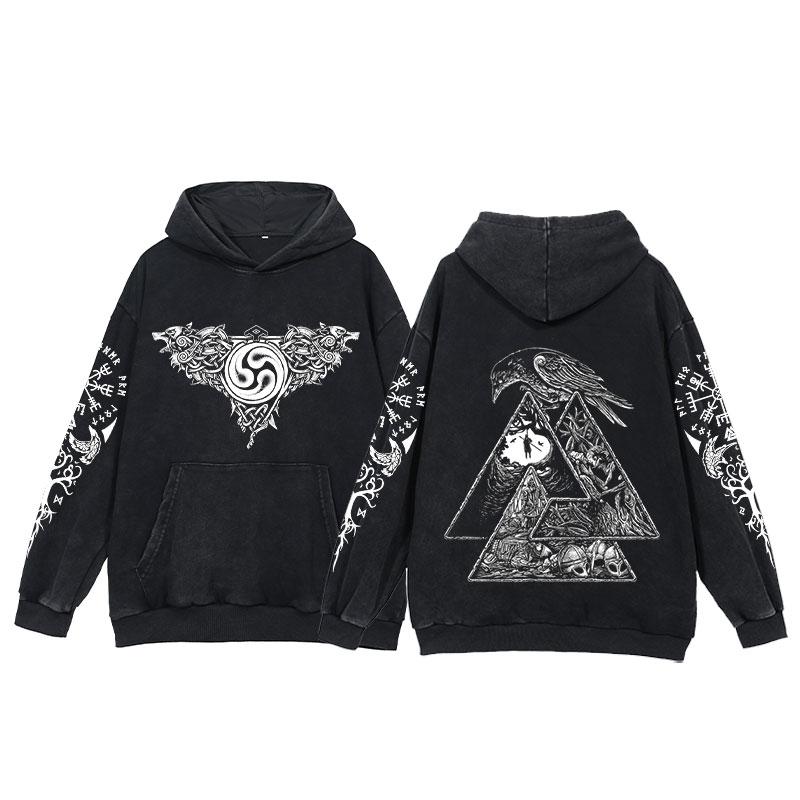 2024 Viking Hoodies Men Tattoo Print Acid Wash Hoodie Cotton Loose Long Sleeve Pullover Vintage Oversized Casual Hooded Sweatshi