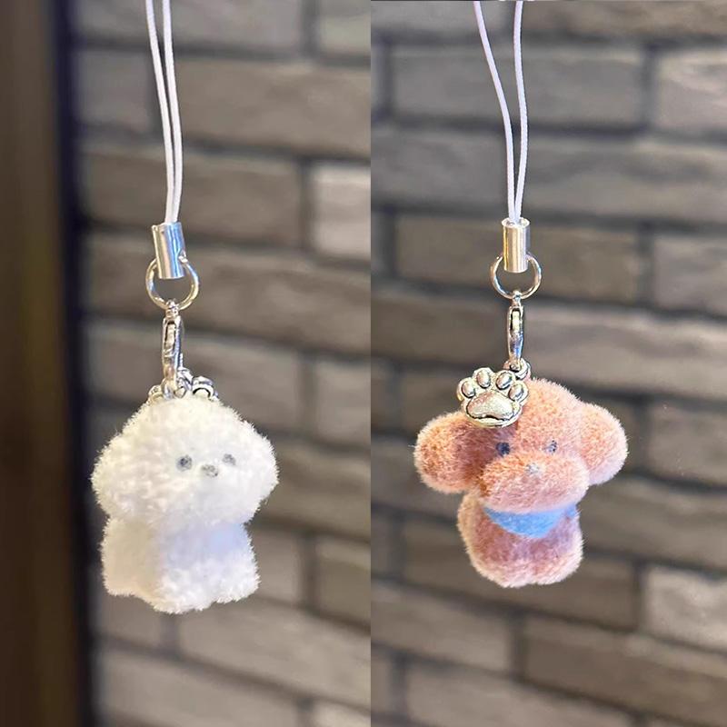 4pcs 3D Mini Cute Plush Dog Keychain Flocking Animal Pendants Phone Keyrings Lanyard Hanging Charm Bag Pendant Couple Key Chains
