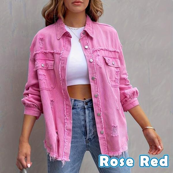 Jackets for Women Basic Distressed Ripped Fringe Denim Tops Casual Solid Color Long Sleeve Button Jean Coat