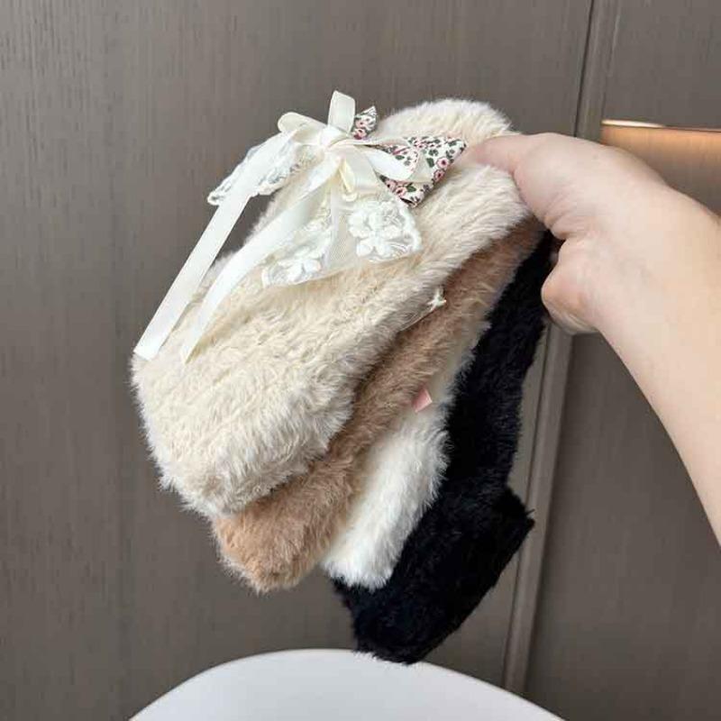 Women S Cute Bow Faux Fur Bucket Hat Soft Warm Knit Cap For Winter