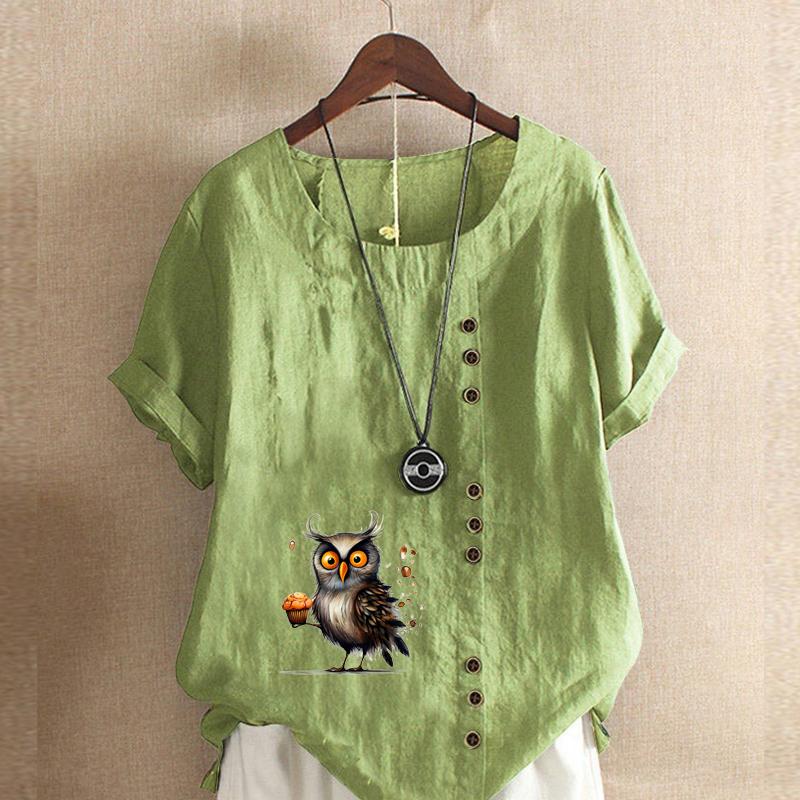 Women's Fashion Owl Prined Short Sleeve T-shirt Loose Cotton Shirt Casual Loose Summer Blouse Tops Plus Size