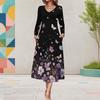 Women Plus Size Long Sleeve V Neck Dark Blue Butterfly Floral Printed A Line Midi Dress With Pockets