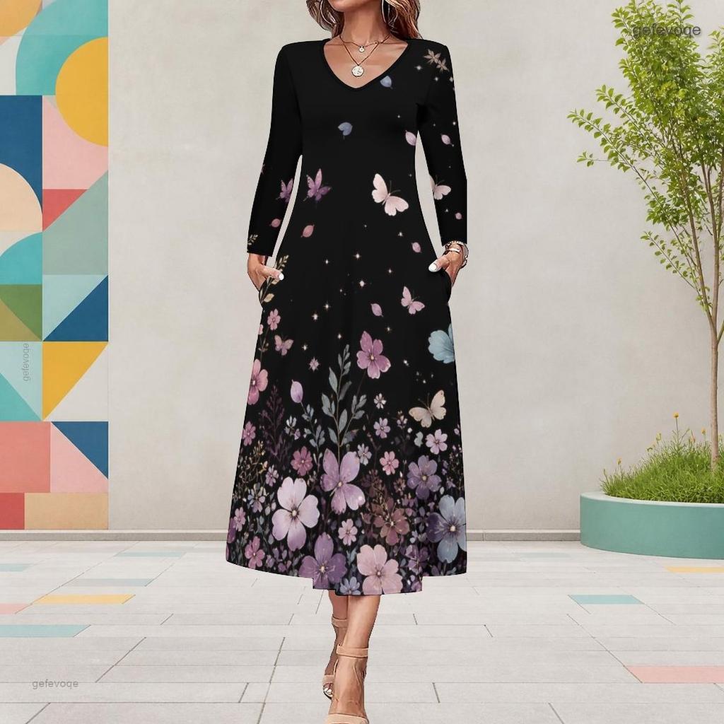 Women Plus Size Long Sleeve V Neck Dark Blue Butterfly Floral Printed A Line Midi Dress With Pockets