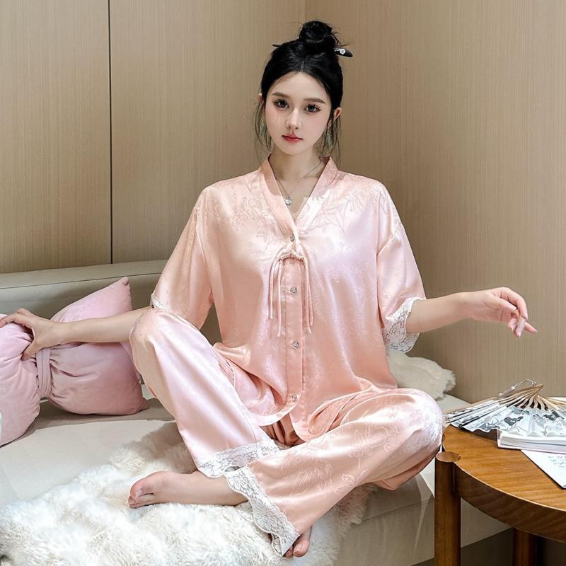 Летняя новая антикварная пижама для женщин, жаккардовый кардиган из ледяного шелка с короткими рукавами, комплект из трех предметов пижамы