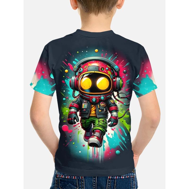 Summer Round Neck 3D Astronaut Graphic Printed Top Fashionable Casual Short Sleeved Children's Boy T-shirts
