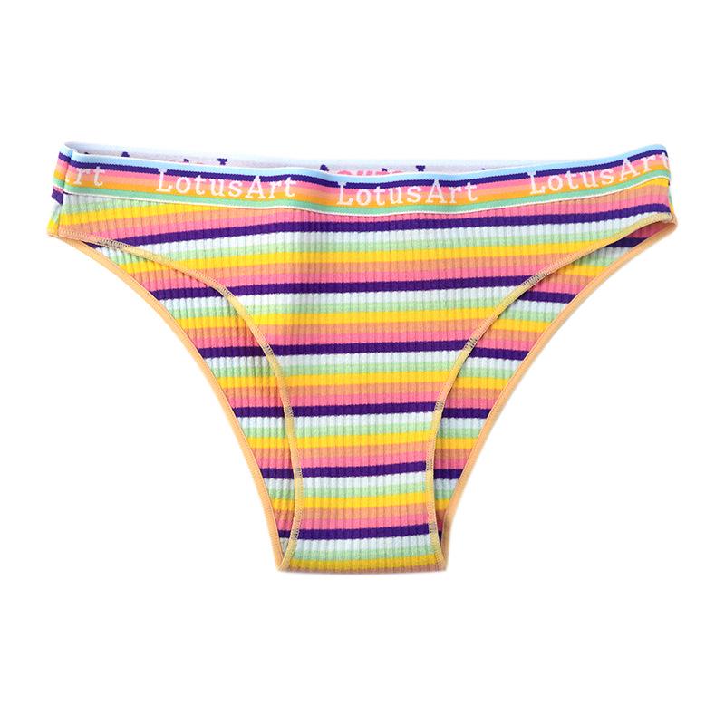 Women's Rainbow Striped Low-Rise Pure Cotton Panties - Cute & Breathable with Half Hip Coverage for Teens