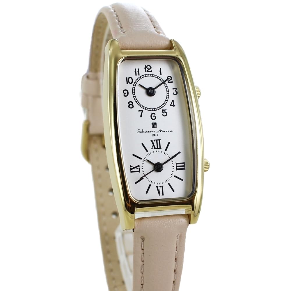 Salvatore Marra Women's Leather Belt Rectangular Dual Time Wristwatch No.1 Beige